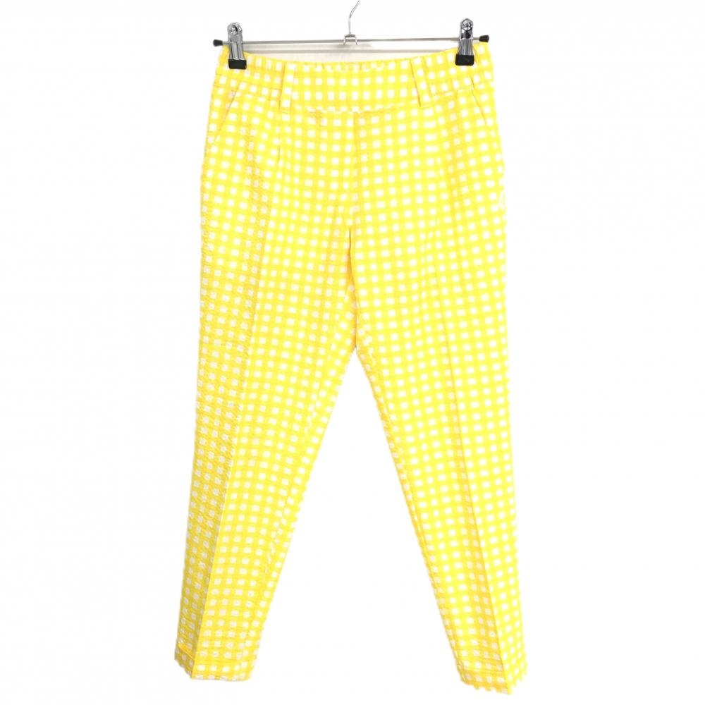 【超美品】アンパスィ パンツ イエロー×白 スクエア総柄 サッカー生地 薄手 ウエストゴム＆調節紐 レディース S ゴルフウェア and per se
