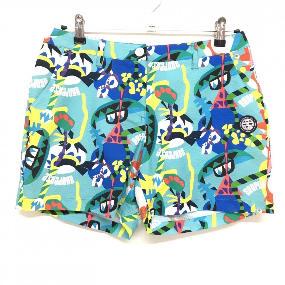 【超美品】アンパスィ ショートパンツ ライトブルー×マルチカラー 総柄 サッカー生地 ロゴワッペン レディース L ゴルフウェア and per se
