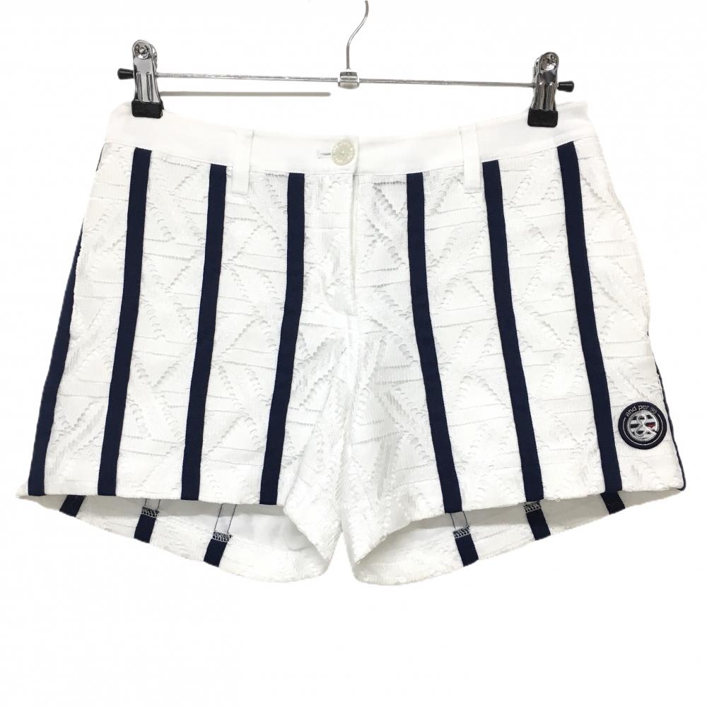 【美品】アンパスィ ショートパンツ 白×ネイビー レース ストライプ ロゴワッペン レディース M ゴルフウェア and per se
