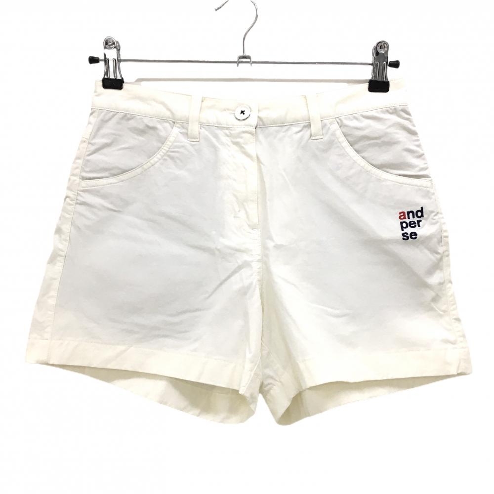 【美品】アンパスィ ショートパンツ 白×ネイビー ロゴ刺しゅうストレッチ レディース S ゴルフウェア and per se