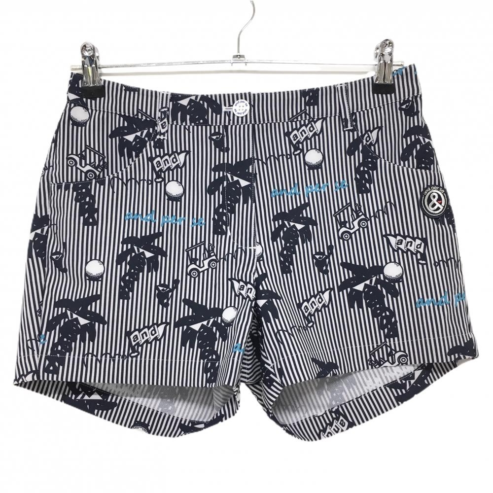 【超美品】アンパスィ ショートパンツ ライトグレー×ネイビー 総柄 ストライプ ロゴワッペン レディース M ゴルフウェア and per se