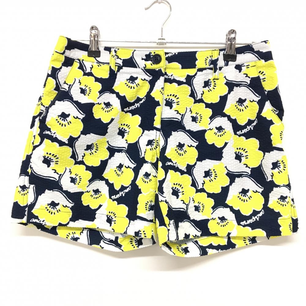 【美品】アンパスィ ショートパンツ ネイビー×イエロー 花柄 サッカー生地 レディース L ゴルフウェア and per se