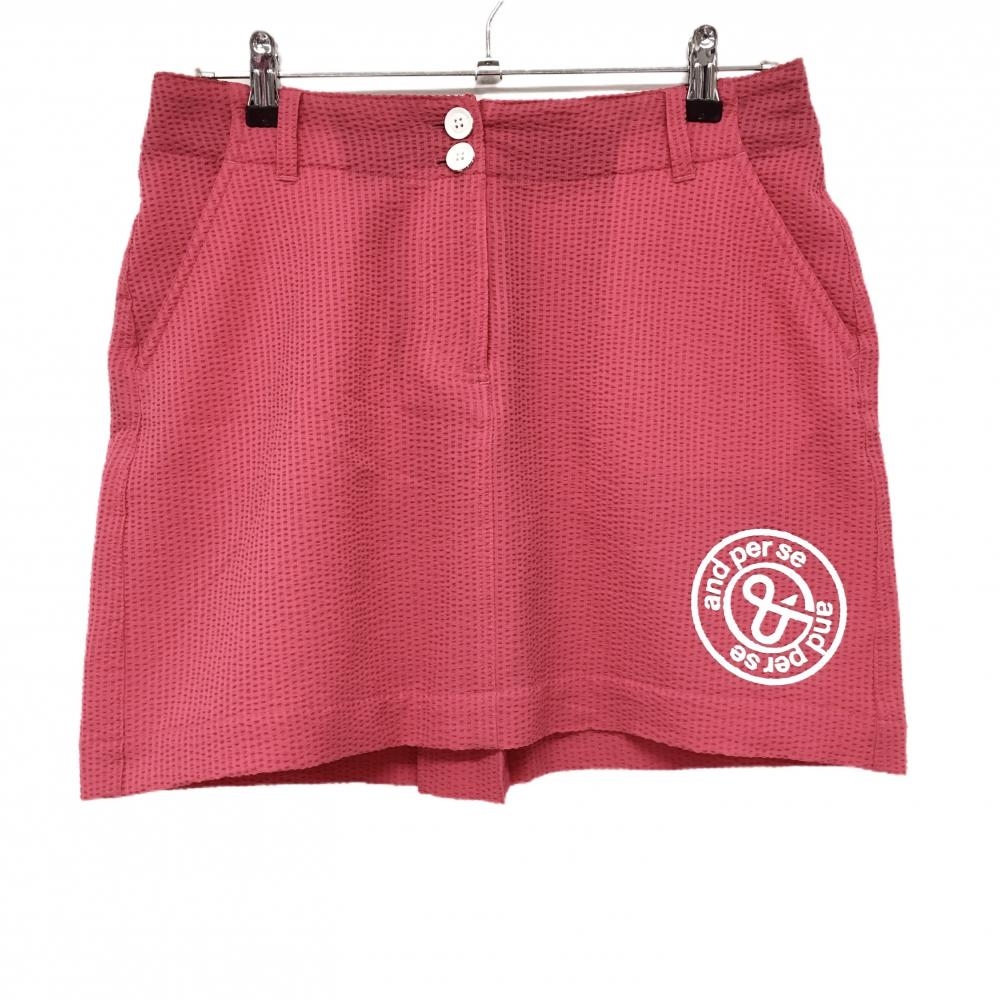 【美品】アンパスィ スカート レッドピンク サッカー生地 ロゴプリント レディース LL ゴルフウェア and per se