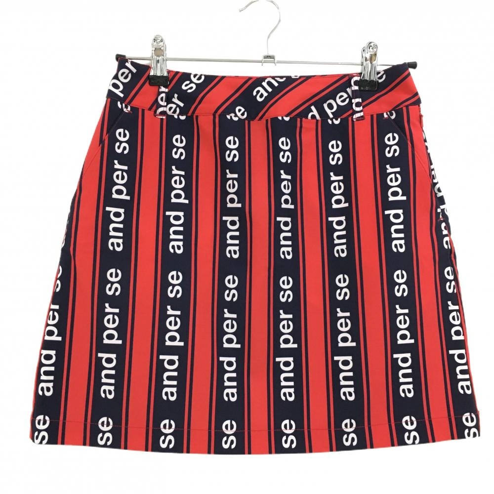 【超美品】アンパスィ ストレッチスカート レッド×ネイビー ストライプ ロゴ総柄 レディース M ゴルフウェア and per se