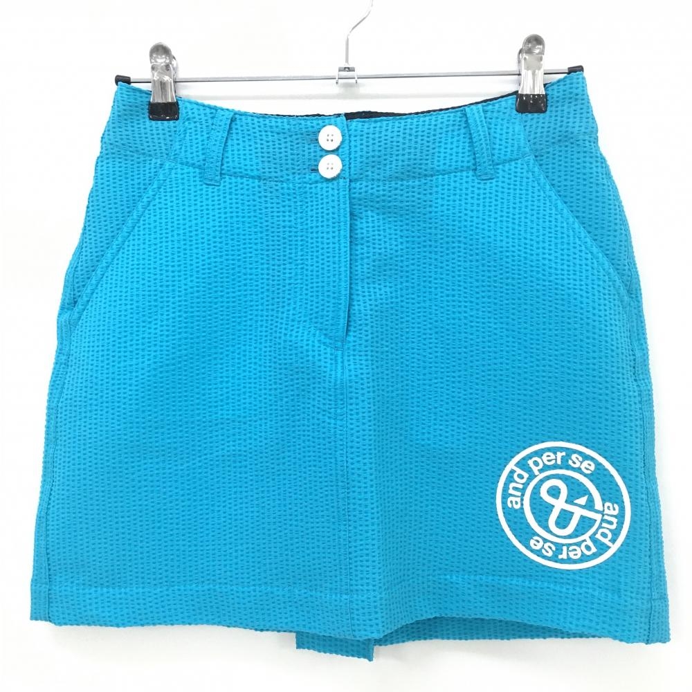 【超美品】アンパスィ ストレッチスカート ライトブルー×白 サッカー生地 レディース M ゴルフウェア and per se