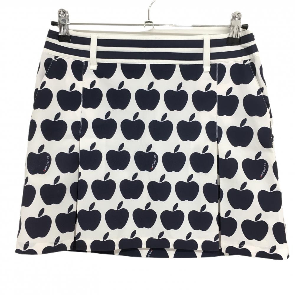 【美品】アンパスィ スカート 白×ネイビー リンゴ総柄 ボックスプリーツ ウエストライン  レディース L ゴルフウェア and per se