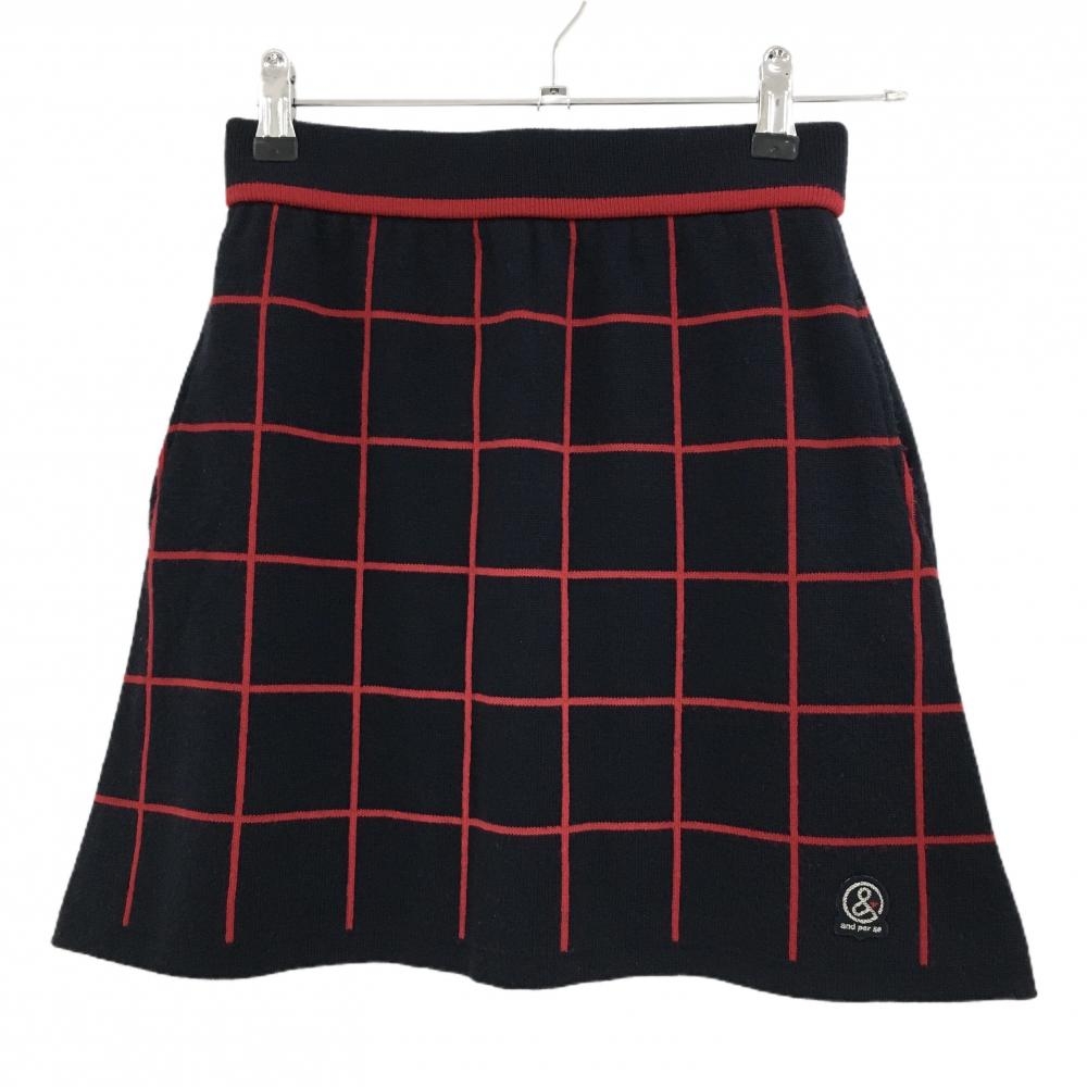 アンパスィ ニットスカート ネイビー×レッド 格子柄 ロゴワッペン ウール混  レディース M ゴルフウェア and per se
