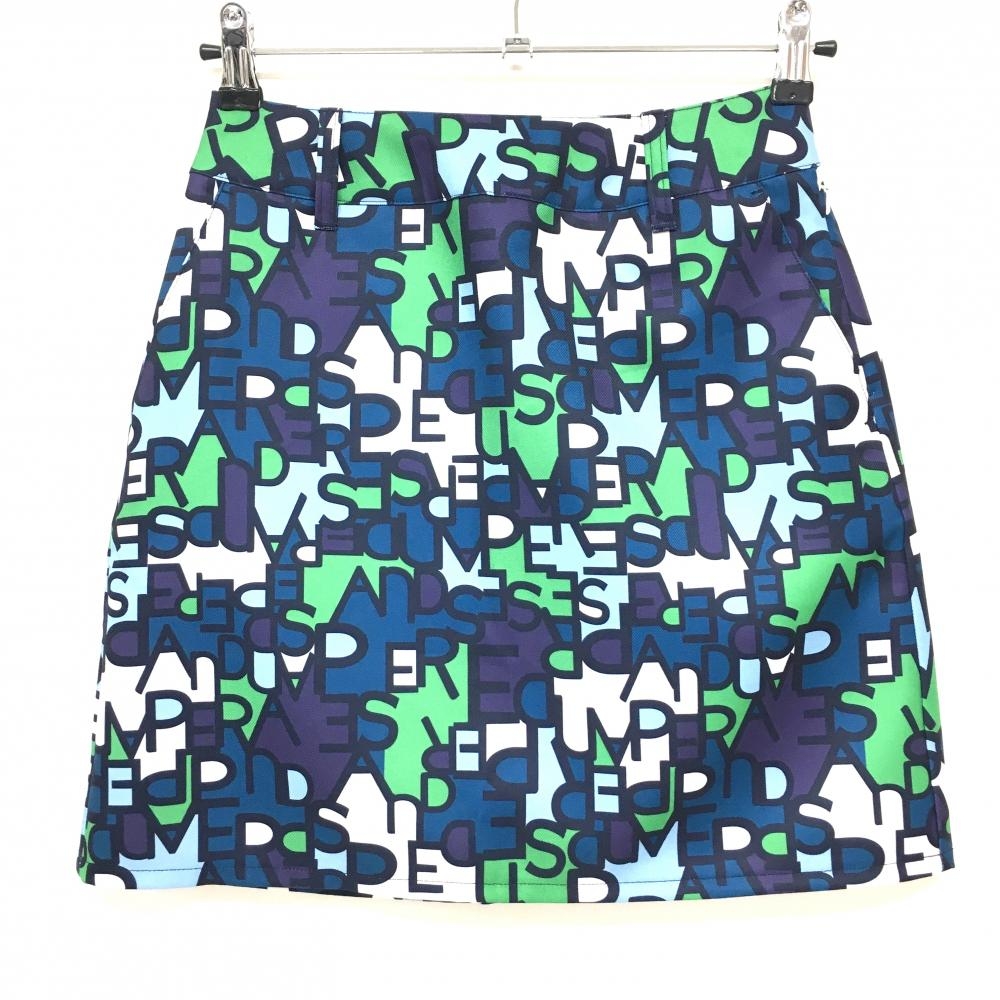 【超美品】アンパスィ スカート ネイビー×グリーン 英字総柄 ロゴワッペン レディース S ゴルフウェア and per se