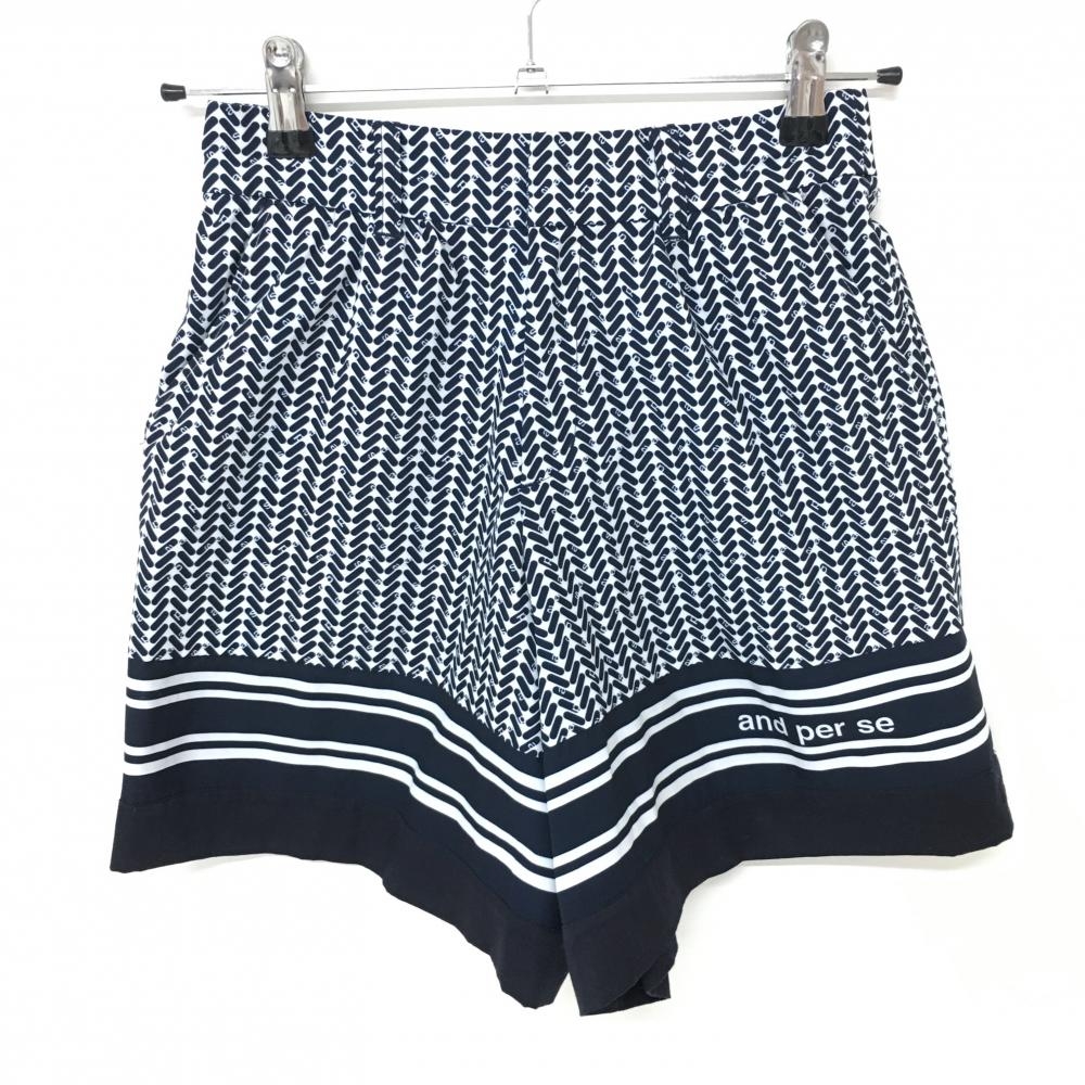 【美品】アンパスィ キュロットスカート 白×ネイビー 総柄  レディース S ゴルフウェア and per se