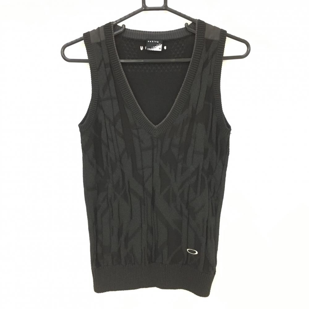 オークリー ニットベスト グレー×黒 Vネック ラメ 前面凹凸柄 レディース M ゴルフウェア Oakley
