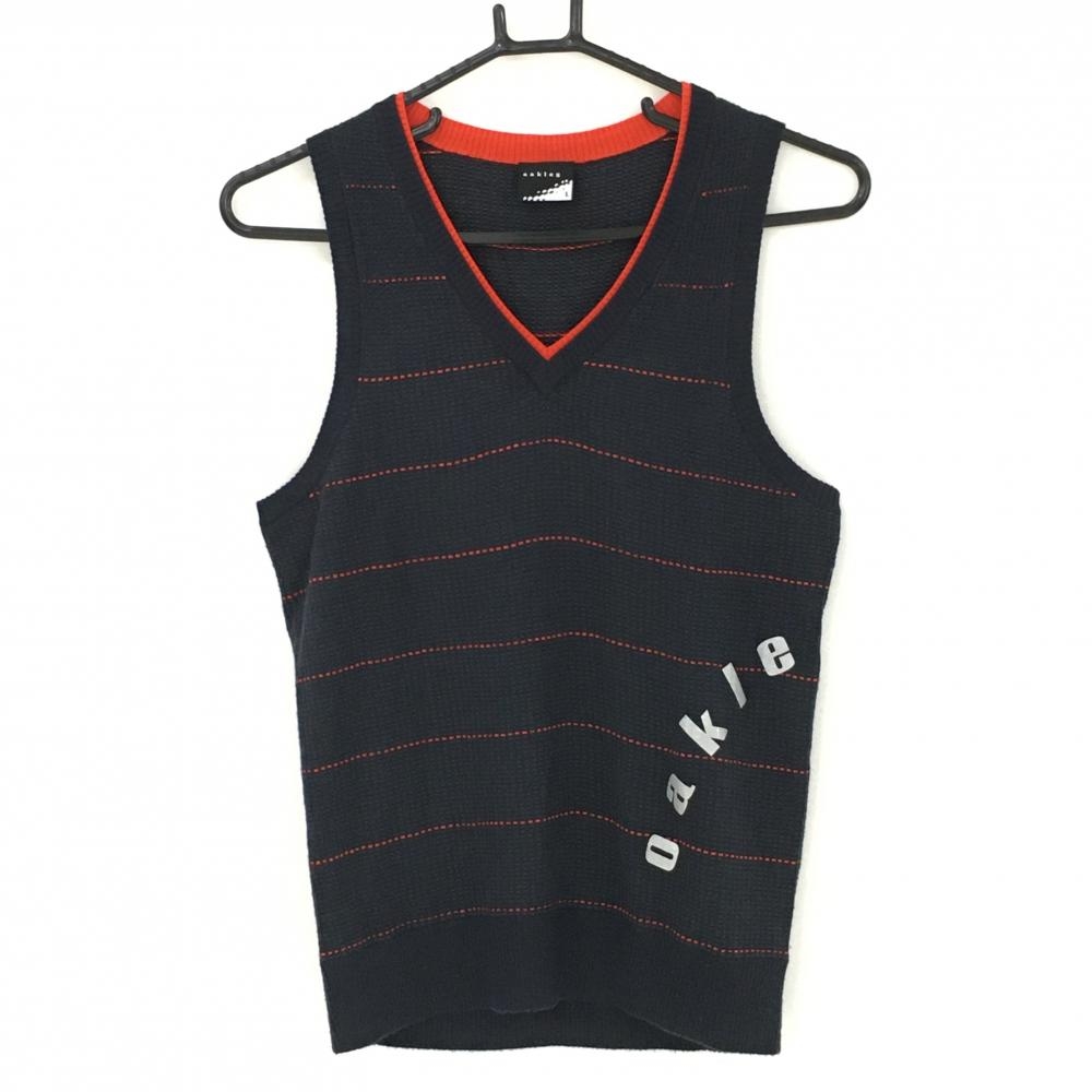 【美品】オークリー ニットベスト ネイビー×レッドオレンジ 地模様 ボーダー Vネック ウール混  レディース L ゴルフウェア Oakley