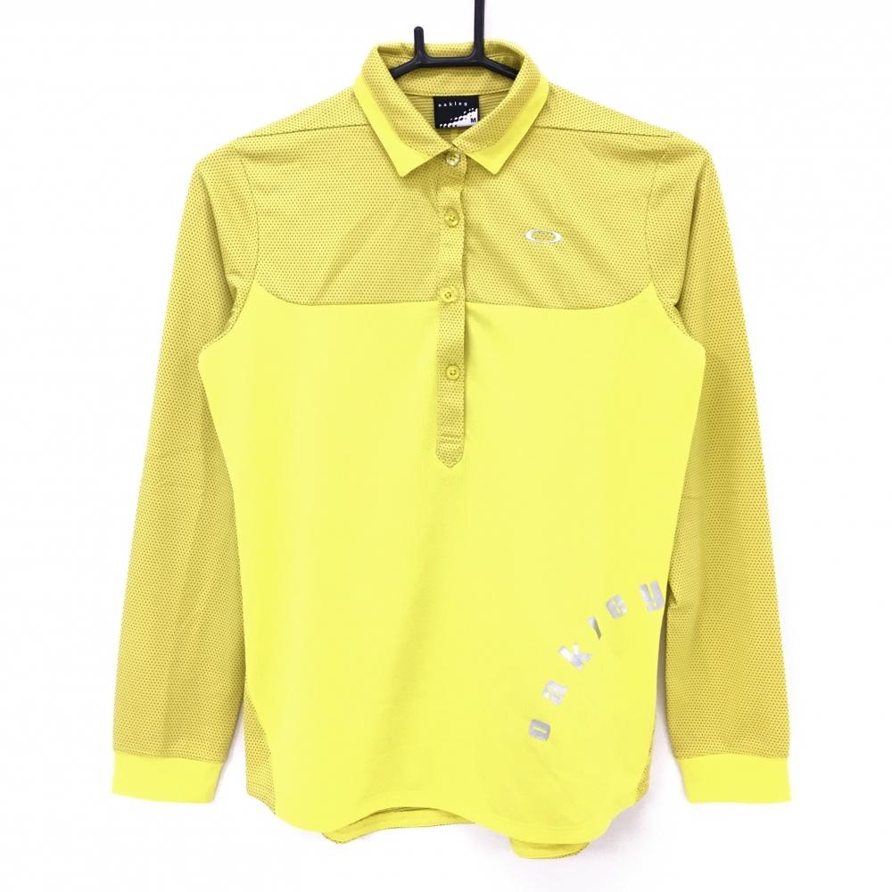 オークリー 長袖ポロシャツ イエロー×グレー ドット柄 ロゴ刺しゅう 織生地  レディース M ゴルフウェア Oakley