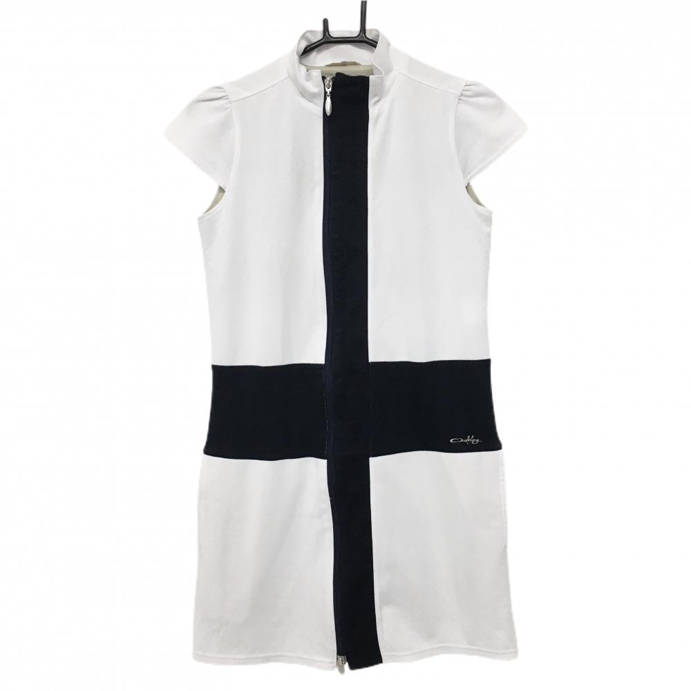 オークリー 半袖ワンピース 白×黒 ハイネック ダブルジップ 一部チェック  レディース S ゴルフウェア Oakley