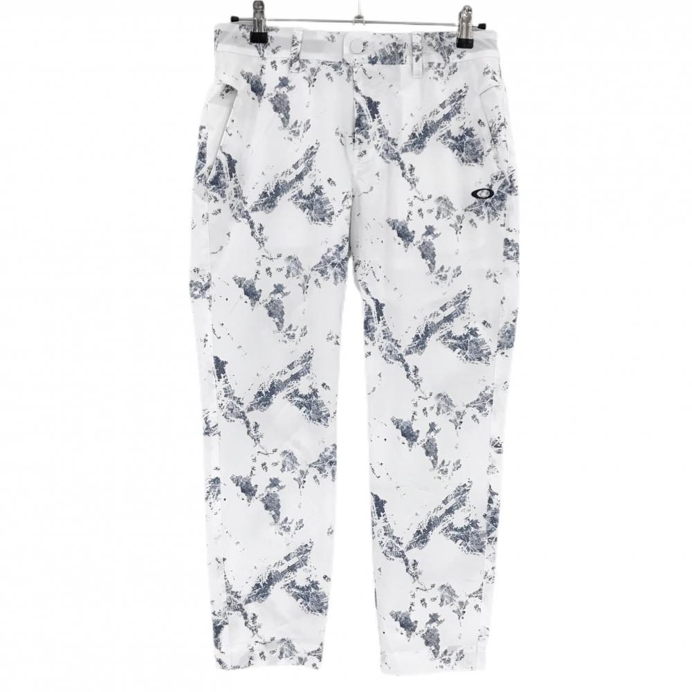 【美品】オークリー パンツ 白×ネイビー 総柄 ストッチ ロゴプリント  レディース XL ゴルフウェア Oakley