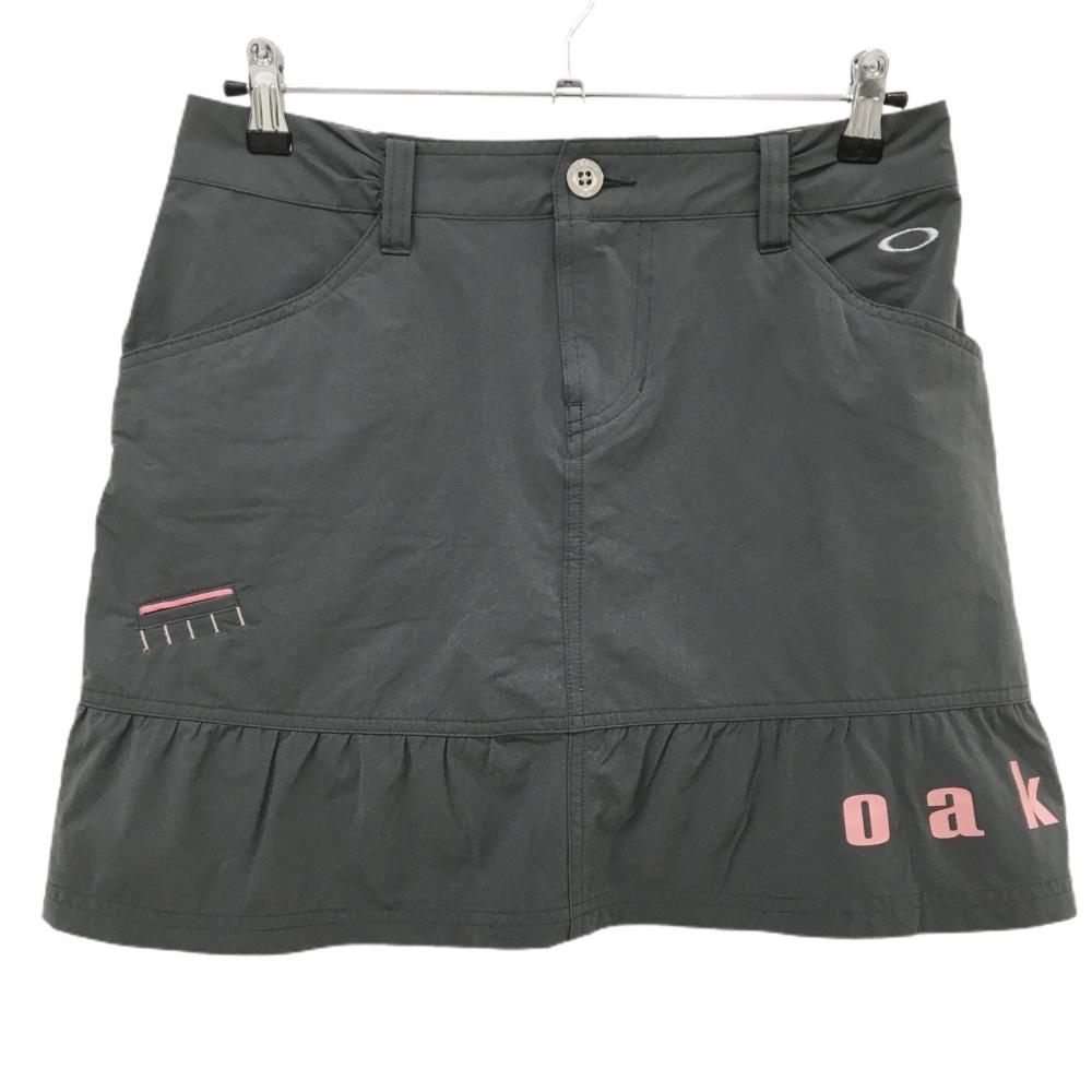【超美品】オークリー スカート グレー×ライトピンク ナイロン混 ロゴプリント レディース L ゴルフウェア Oakley