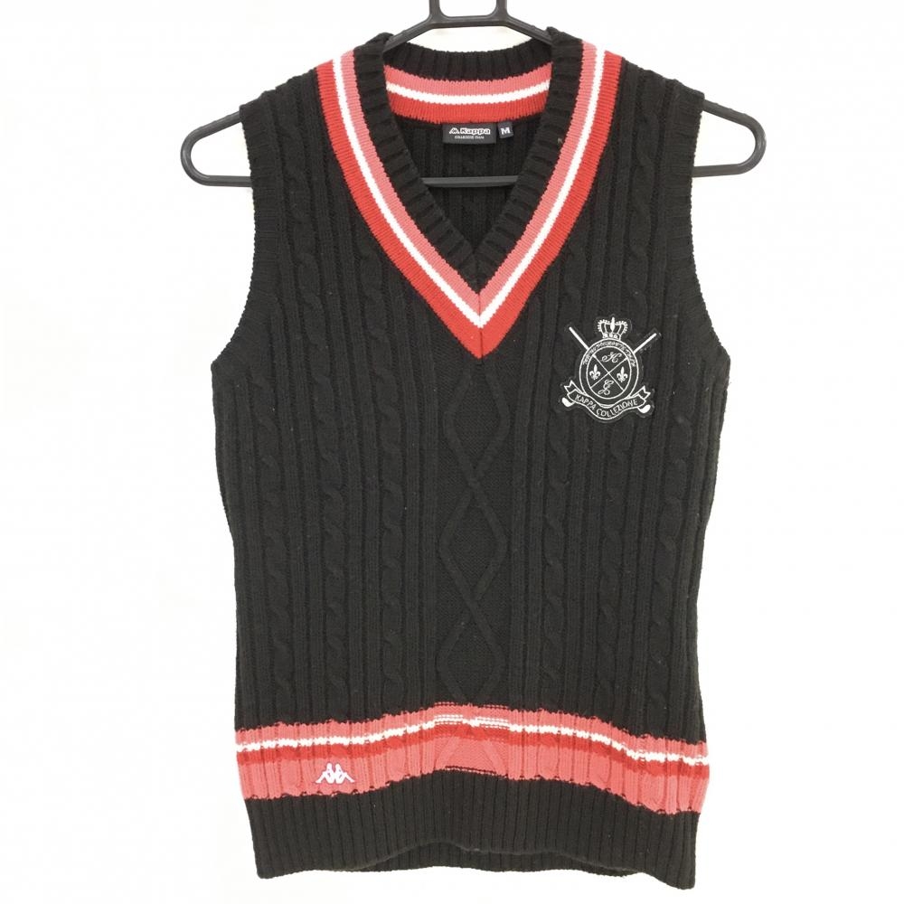 【美品】カッパ ニットベスト 黒×レッド ケーブル編み ウール混 Vネック レディース M ゴルフウェア Kappa