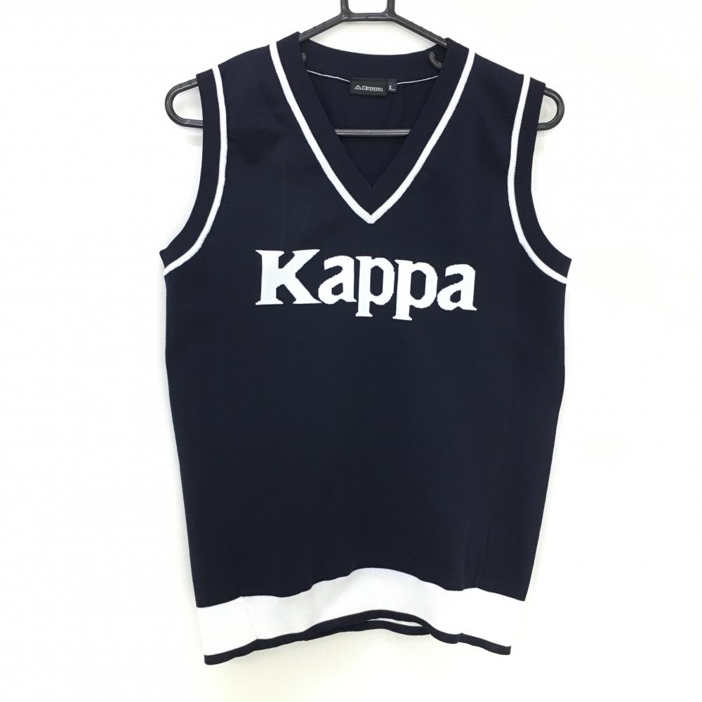【美品】カッパ ニットベスト ネイビー×白 Vネック ビッグロゴ レディース L ゴルフウェア Kappa