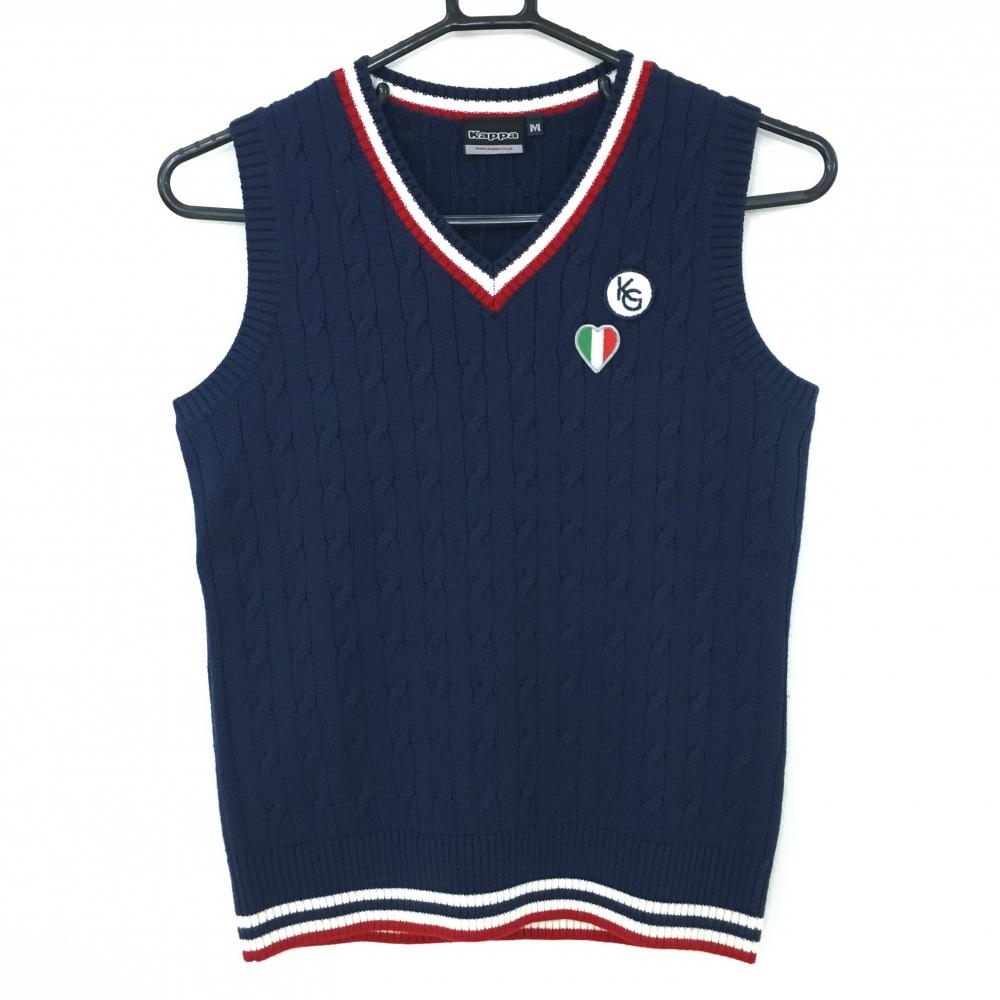 【超美品】カッパ ベスト ネイビー×白 ケーブル編み Vネック ハートワッペン レディース M ゴルフウェア Kappa