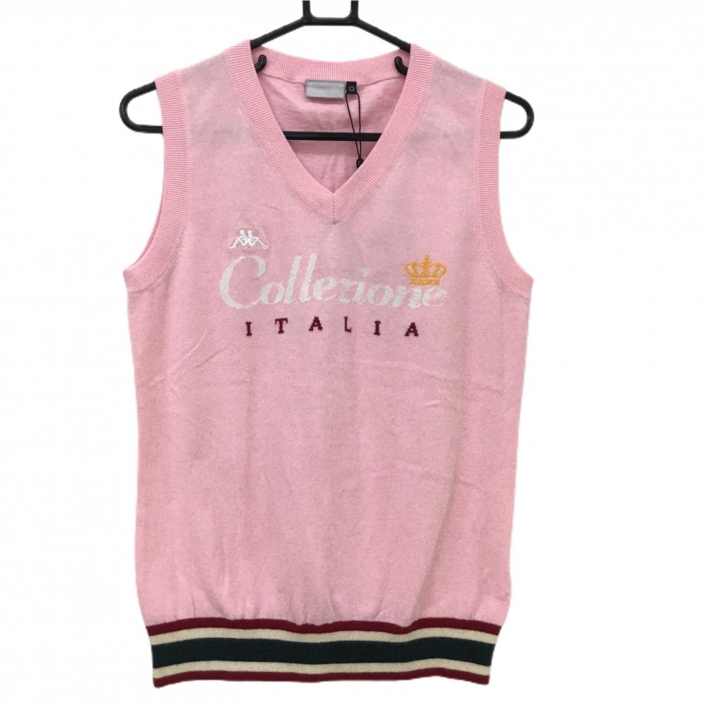 【新品】カッパ ニットベスト ピンク×白 Vネック ロゴ刺しゅう  レディース O(XL) ゴルフウェア Kappa
