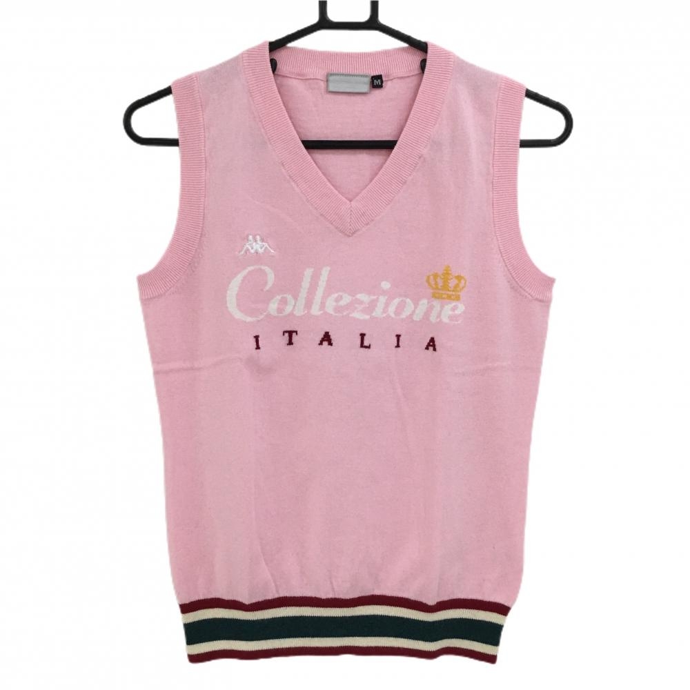 【美品】カッパ ニットベスト ピンク フロントロゴ カシミヤ混 レディース M ゴルフウェア Kappa