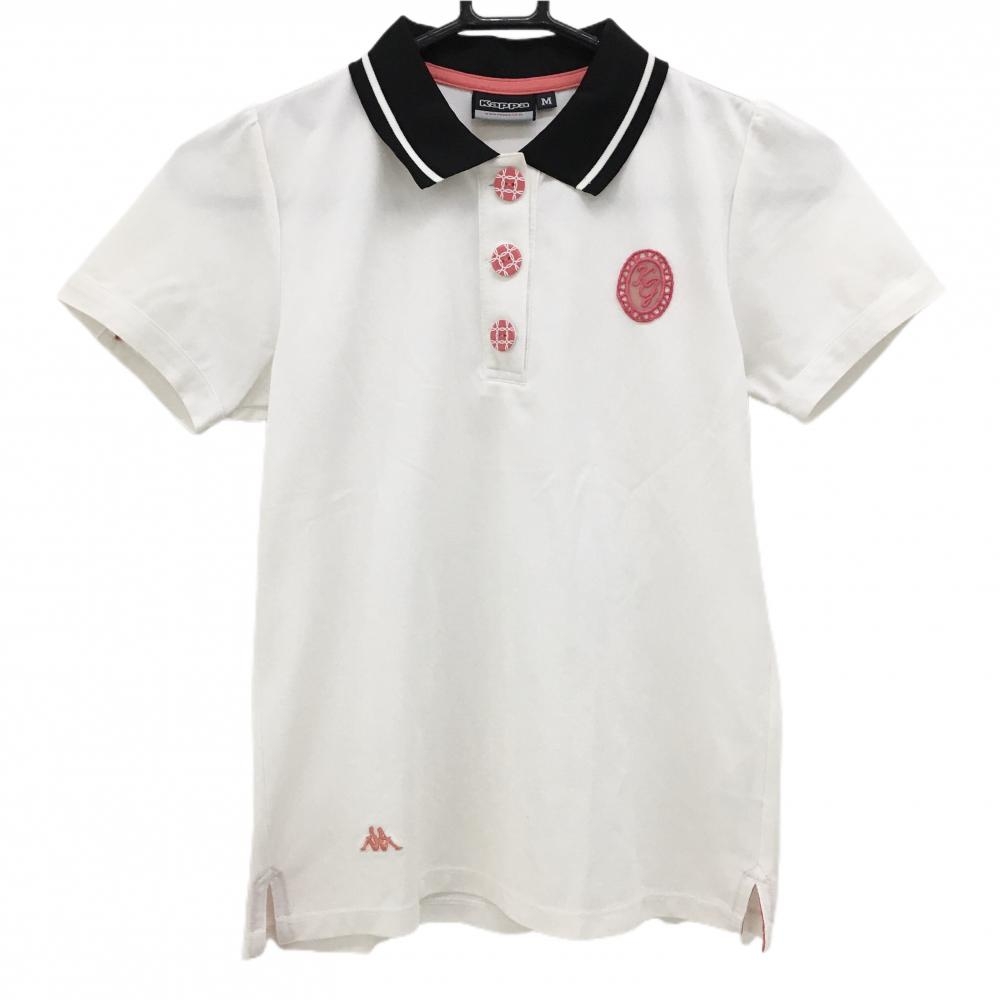 【美品】カッパ 半袖ポロシャツ 白×黒 胸元ワッペン 裾ロゴ刺しゅう レディース M ゴルフウェア Kappa