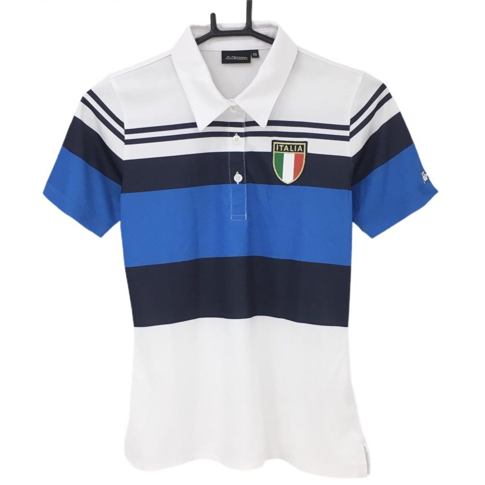 カッパ 半袖ポロシャツ 白×ネイビー×ブルー 一部ボーダー  レディース S ゴルフウェア Kappa