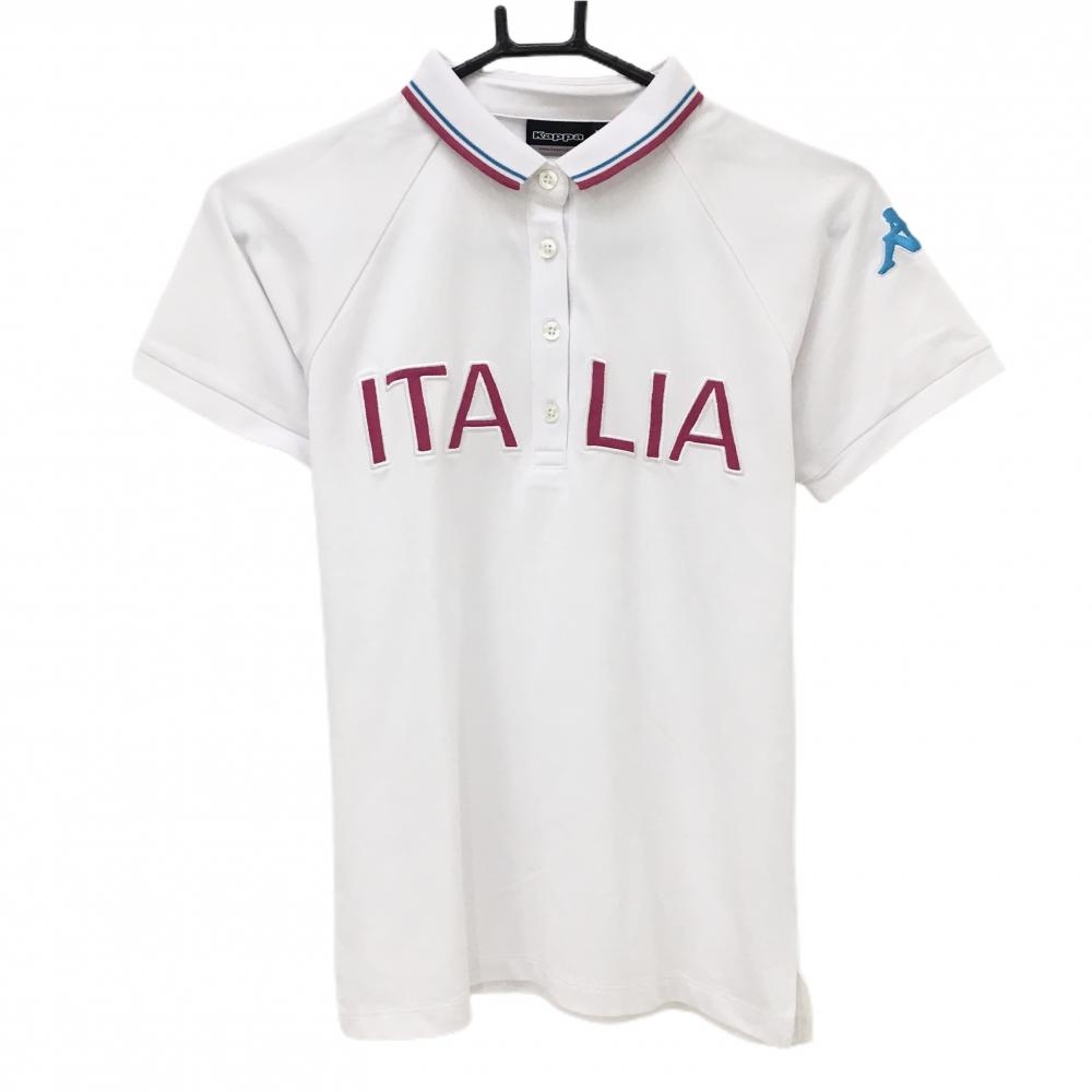 カッパ 半袖ポロシャツ　白×ピンク ITALIA刺しゅう 襟ライン  レディース M ゴルフウェア Kappa
