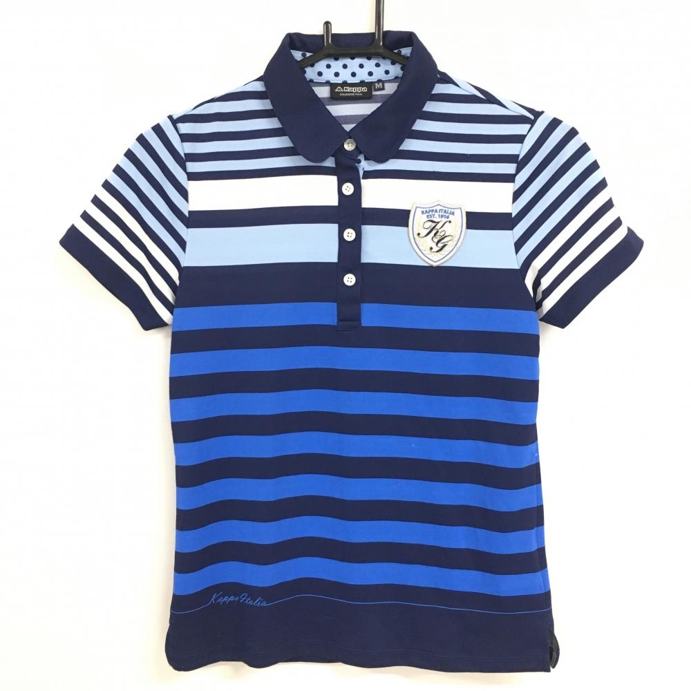 カッパ 半袖ポロシャツ ブルー×ネイビー ボーダー 胸元ワッペン レディース M ゴルフウェア Kappa