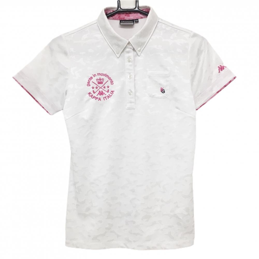 【美品】カッパ 半袖ポロシャツ 白 カモフラ地模様 刺しゅうピンク レディース M ゴルフウェア Kappa