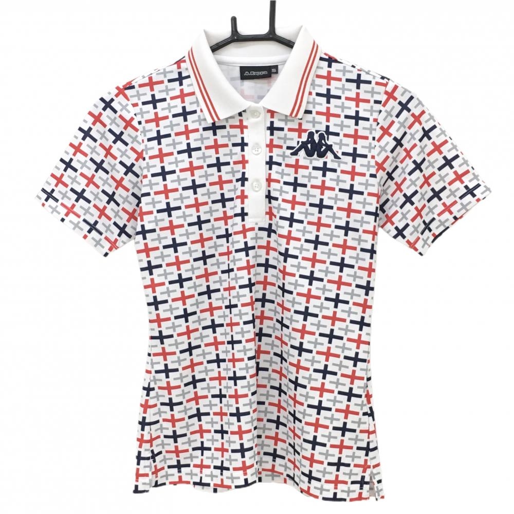 【美品】カッパ 半袖ポロシャツ 白×レッド×ネイビー 総柄 ビッグロゴ刺しゅう レディース S ゴルフウェア Kappa