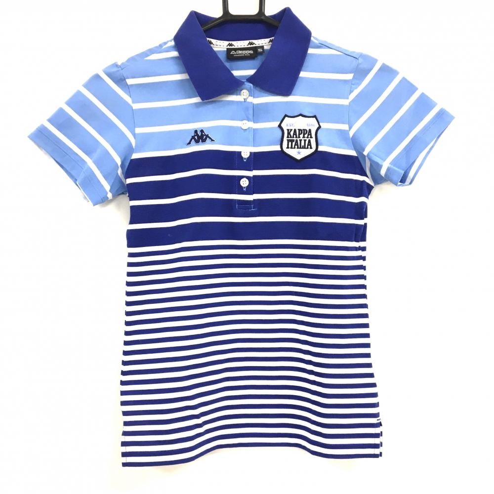 カッパ 半袖ポロシャツ ブルー×白 ボーダー ロゴワッペン  レディース S ゴルフウェア Kappa