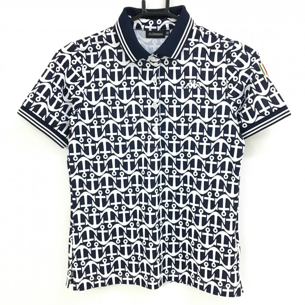 【美品】カッパ 半袖ポロシャツ ネイビー×白 イカリ柄 ロゴ刺しゅう レディース S ゴルフウェア Kappa