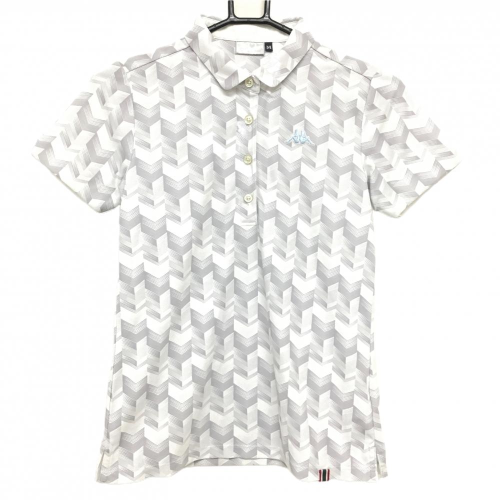 【超美品】カッパ 半袖ポロシャツ 白×グレー 総柄 胸元ロゴ刺しゅう レディース M ゴルフウェア Kappa