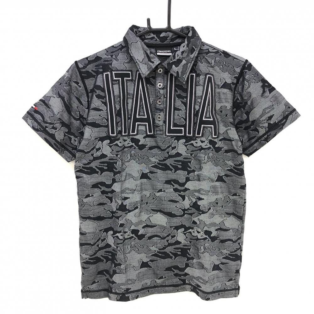【超美品】カッパ 半袖ポロシャツ 黒×グレー カモフラ柄 迷彩 ロゴワッペン レディース L ゴルフウェア Kappa
