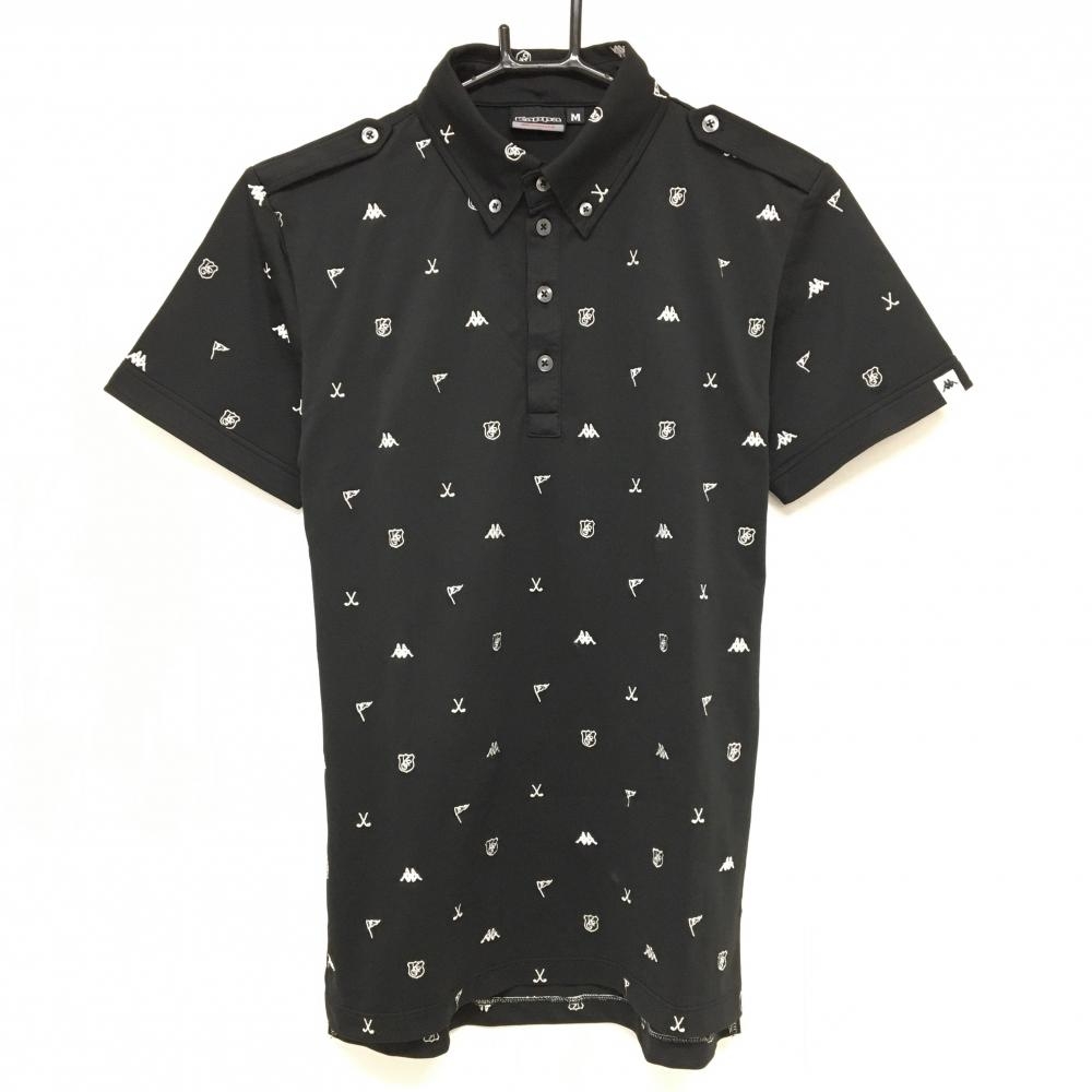 【超美品】カッパ 半袖ポロシャツ 黒×白 刺しゅう総柄 ボタンダウン  レディース M ゴルフウェア Kappa