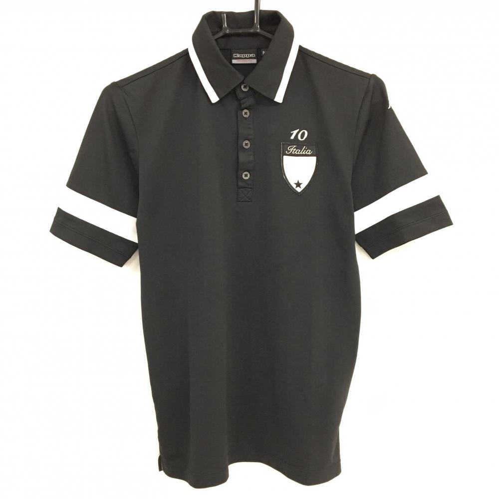【美品】カッパ 半袖ポロシャツ 黒×白 襟・袖ライン 胸元ワッペン レディース M ゴルフウェア Kappa