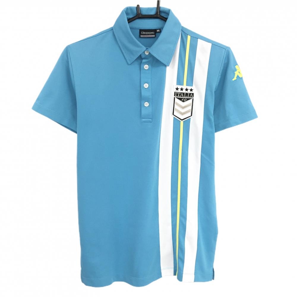 【超美品】カッパ 半袖ポロシャツ ライトブルー×白 イエローライン 胸元ワッペン レディース M ゴルフウェア Kappa