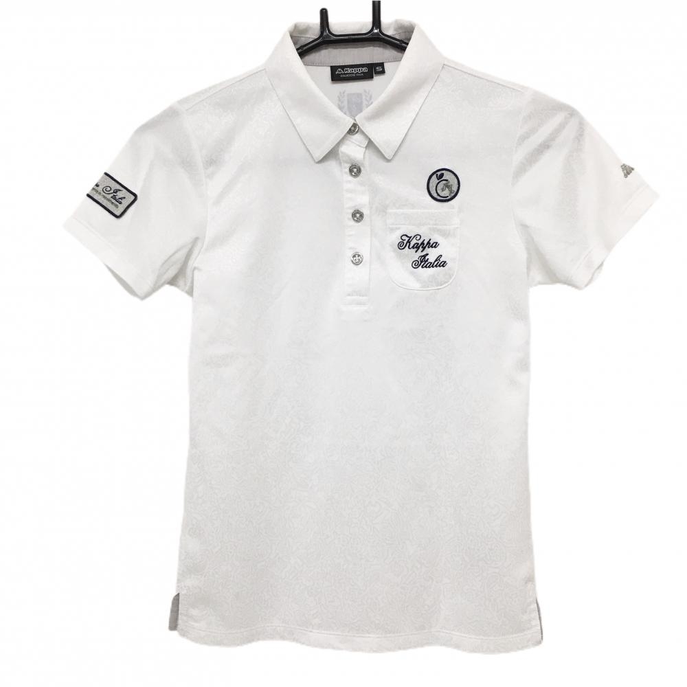 【美品】カッパ 半袖ポロシャツ 白 総柄地模様 ワッペン レディース S ゴルフウェア Kappa