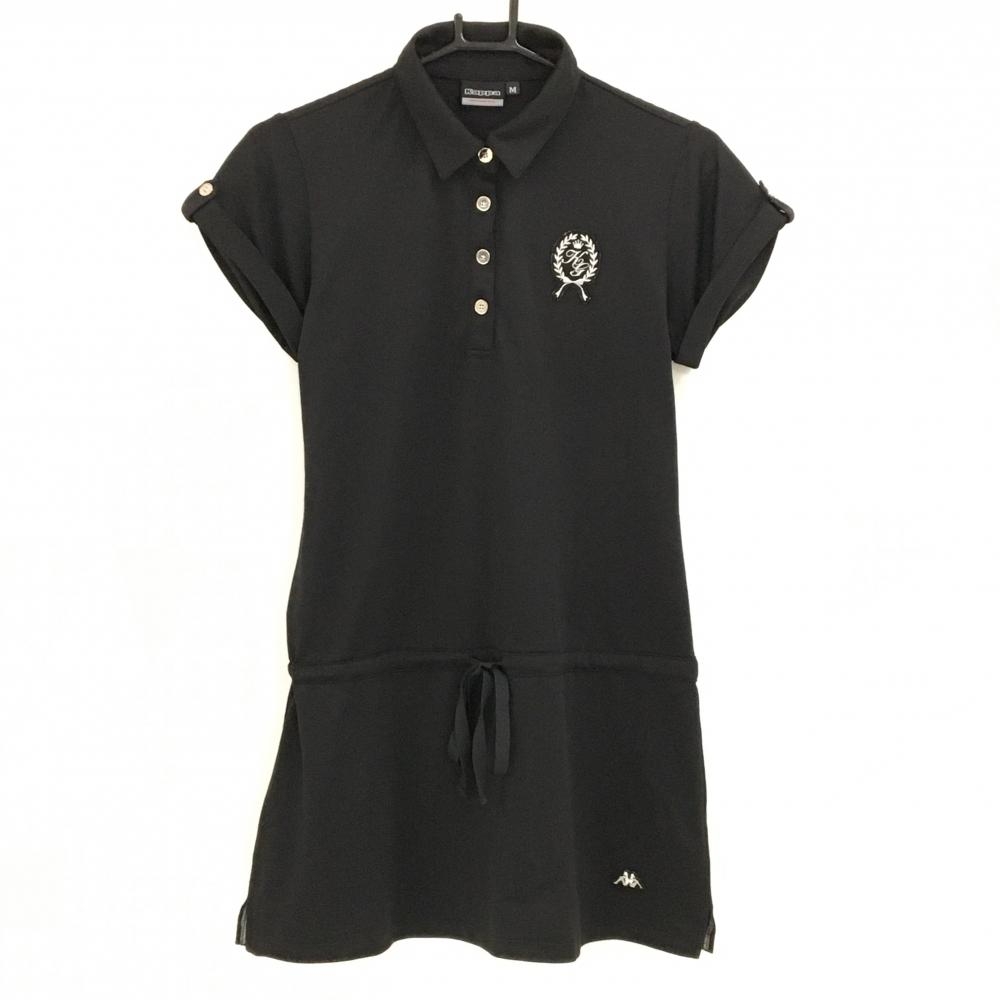 【美品】カッパ 半袖ポロシャツ 黒 ウエスト調節紐 チュニック丈 裾ロゴ  レディース M ゴルフウェア Kappa