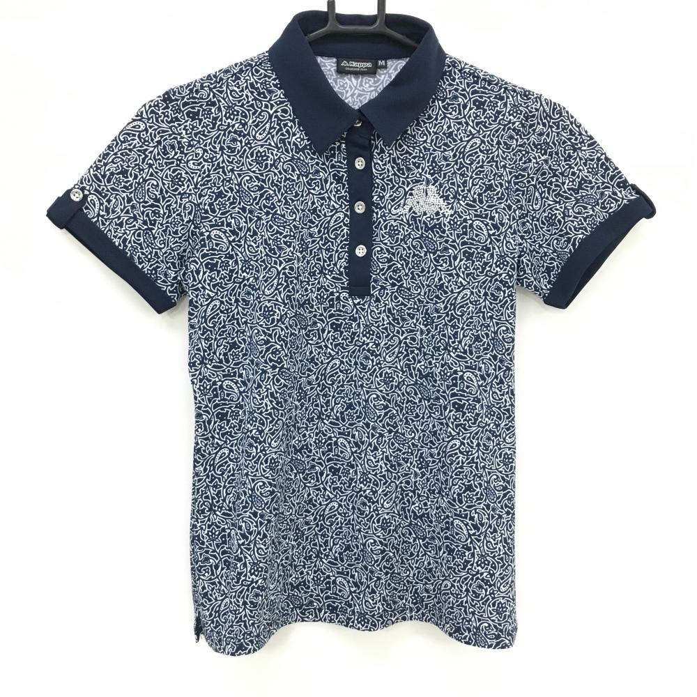 【超美品】カッパ 半袖ポロシャツ ネイビー×白 ペイズリー柄 ロゴラインストーン レディース M ゴルフウェア Kappa