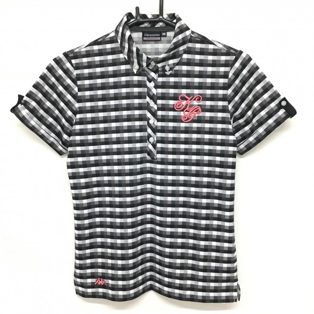 【超美品】カッパ 半袖ポロシャツ 黒×白 チェック柄 刺しゅうピンク レディース M ゴルフウェア Kappa