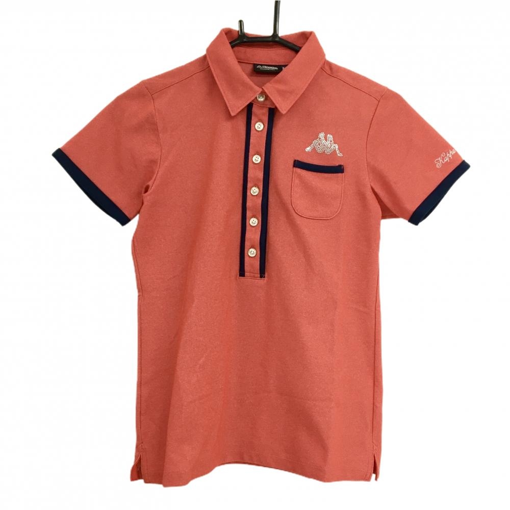 【超美品】カッパ 半袖ポロシャツ 杢レッド×ネイビー 胸ポケット ロゴスタッズ 袖刺しゅう レディース M ゴルフウェア Kappa