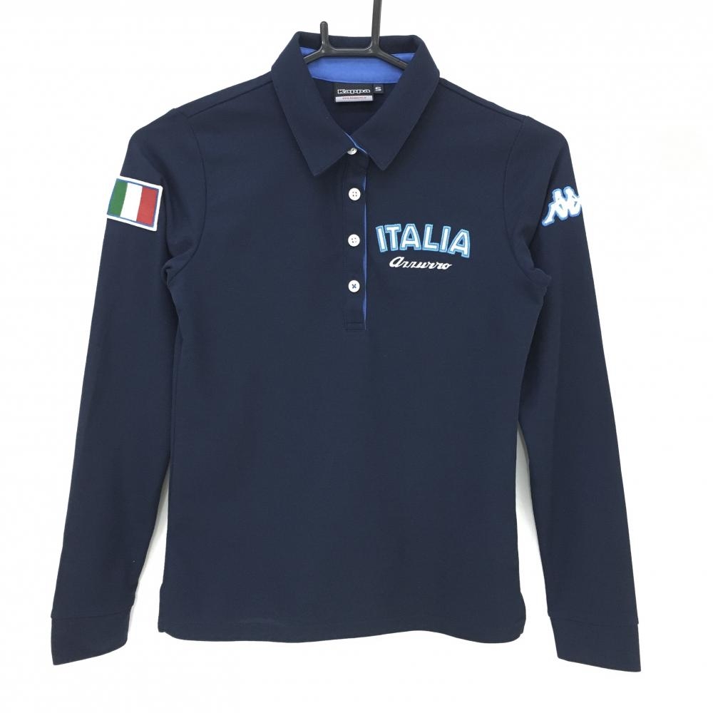 【美品】カッパ 長袖ポロシャツ ネイビー×ブルー ロゴ刺しゅう  レディース S ゴルフウェア Kappa