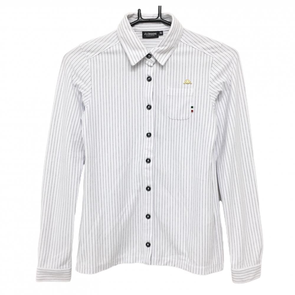 【超美品】カッパ 長袖ポロシャツ 白×グレー ストライプ 胸ポケット  レディース S ゴルフウェア Kappa