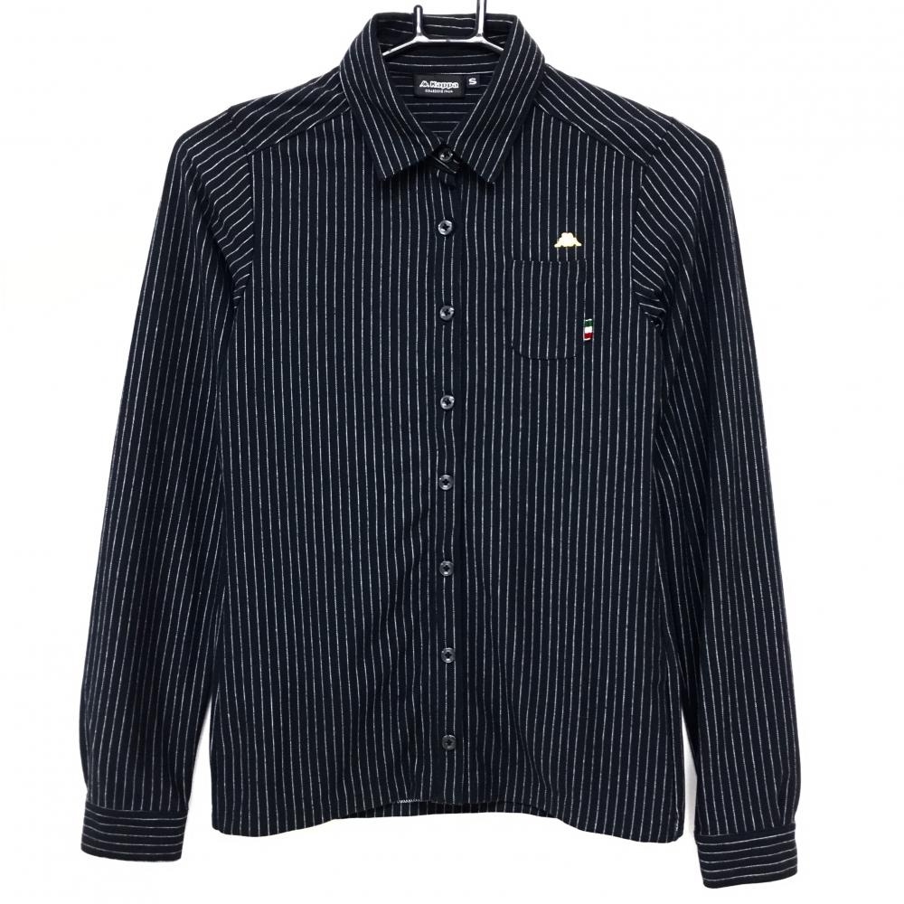 【超美品】カッパ 長袖ポロシャツ 黒×白 ストライプ 胸ポケット レディース S ゴルフウェア Kappa