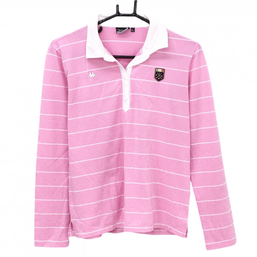 【美品】カッパ 長袖スキッパーシャツ ピンク×白 ボーダー ロゴ刺しゅう レディース L ゴルフウェア Kappa