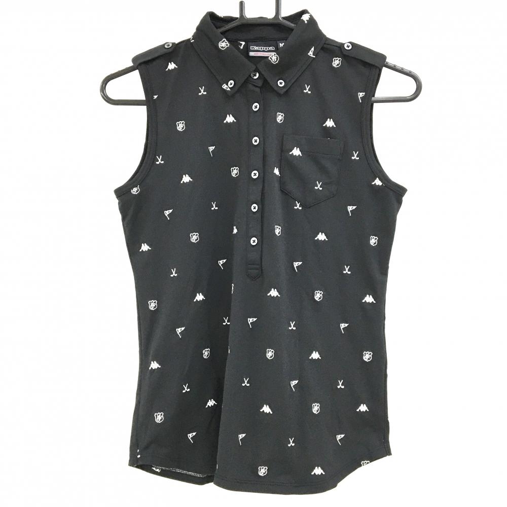 【超美品】カッパ ノースリーブポロシャツ 黒×白 ロゴ総柄 ボタンダウン レディース M ゴルフウェア Kappa