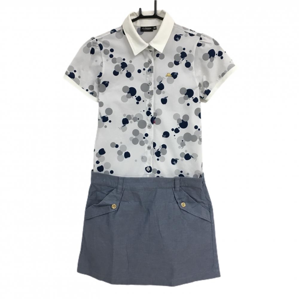 【美品】カッパ 半袖ポロワンピース 白×ネイビー ドット調 スカート部無地 レディース M ゴルフウェア Kappa