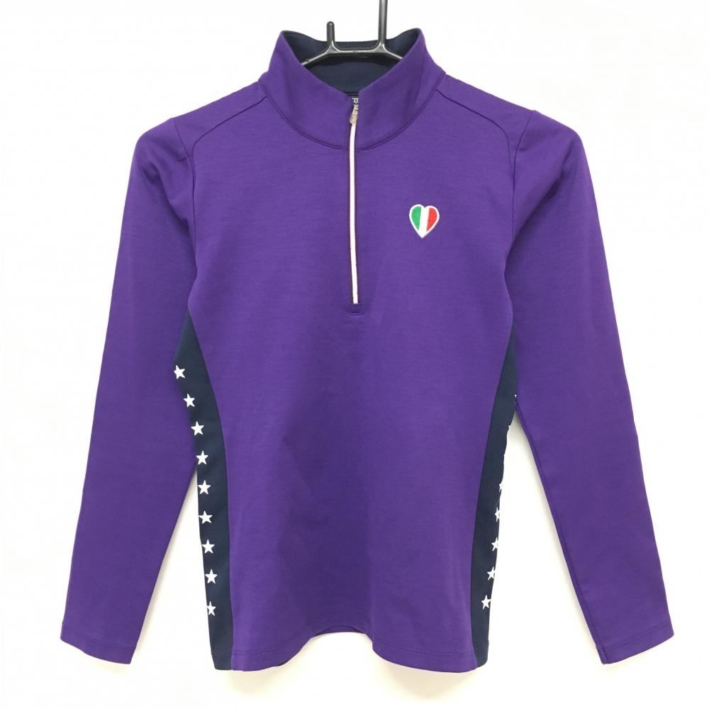 カッパ 長袖ハイネックシャツ パープル×ネイビー ハーフジップ サイド星ライン ハートワッペン レディース S ゴルフウェア Kappa