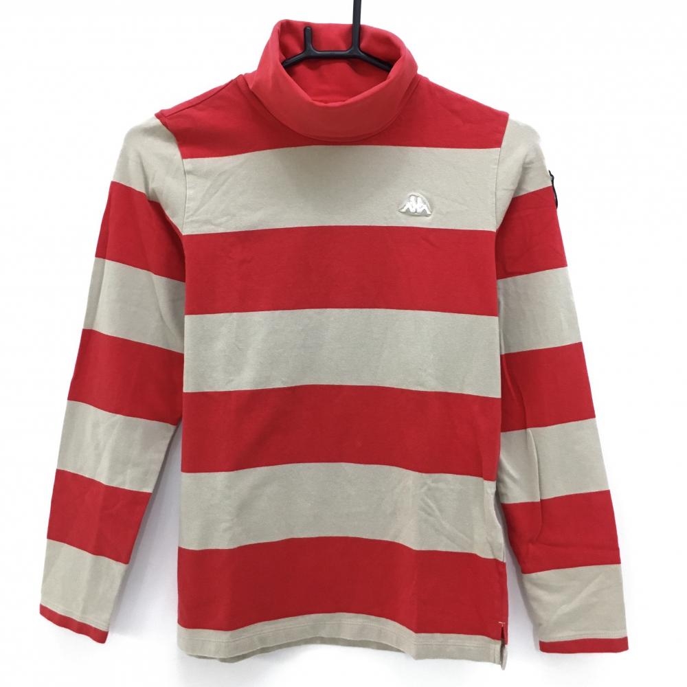 【美品】カッパ 長袖タートルネックシャツ レッド×ベージュ ボーダー 微起毛 ストレッチ  レディース M ゴルフウェア Kappa